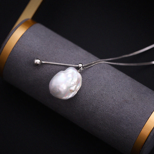 Elegant Baroque Pearl Clavicle Silver Long Necklace – Adjustable and Versatile